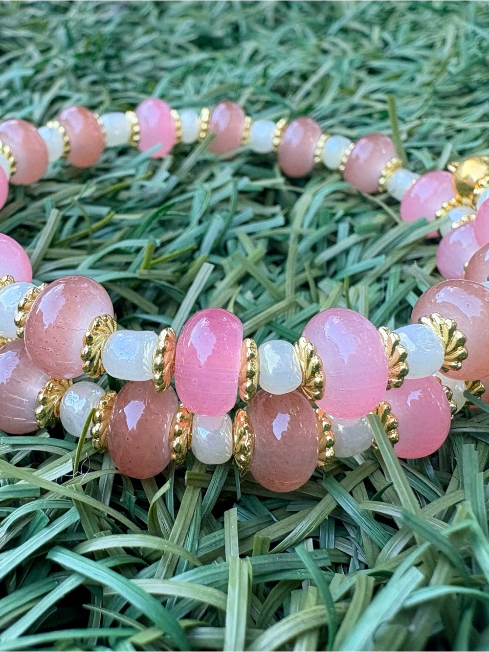 Handcrafted Pink Glass & Gold Bead Bracelet - Women Jewelry